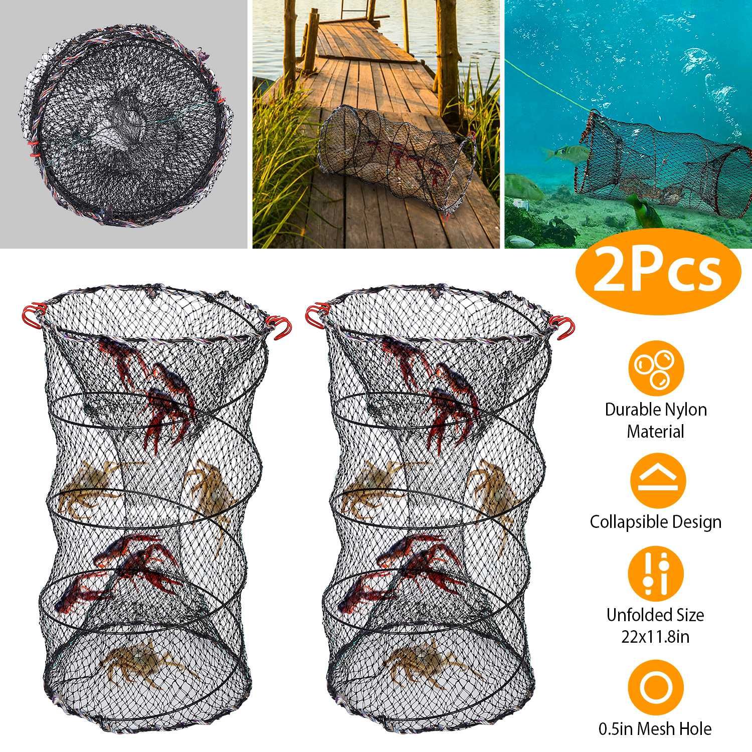 2Pcs Crab Trap Bait Nets Shrimp Prawn Crayfish Lobster Bait Fishing Pot Cage Basket 22x11.8in 2Pcs Crab Trap Bait Nets Shrimp Prawn Crayfish Lobster Bait Fishing Pot Cage Basket 22x11.8in